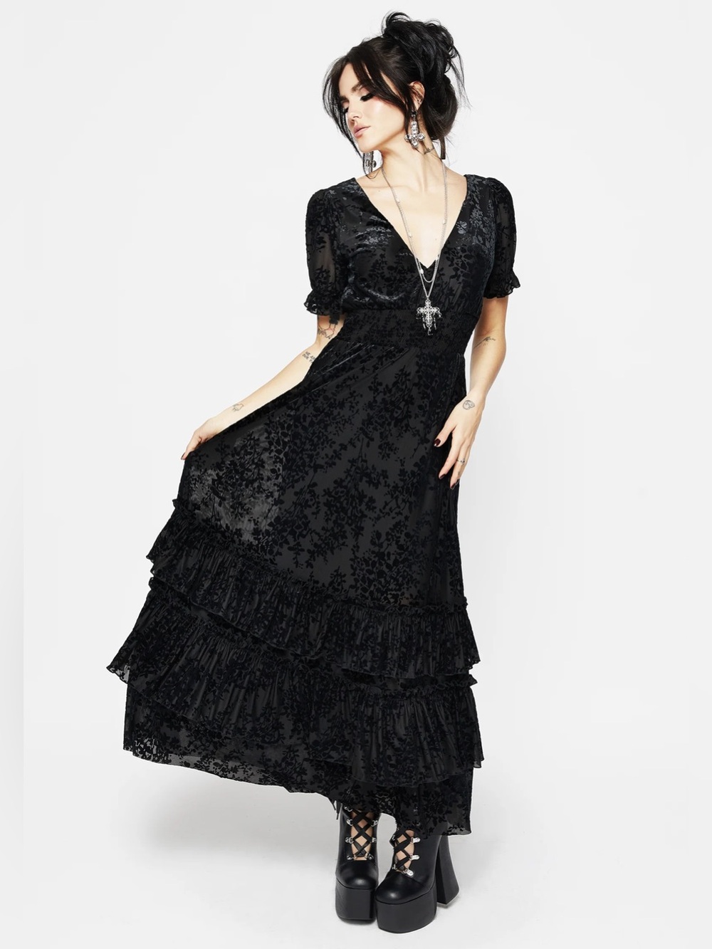 Disturbia Lilias Devoré Tiered Maxi Burnout Dress L Goth